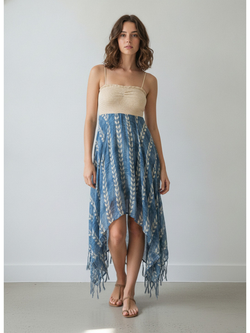Billabong Women's Bohemian Blue and Cream Fringe Midi Dress with Smocked Bodice